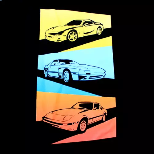 ROTARY13B1 T-SHIRT RX-7 GENERATIONS YELLOW-BLUE-RED rear detail